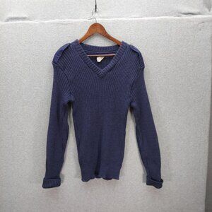 British Brigade Guernsey Wool Sweater Mens Size 42 Navy Blue V-Neck Ribbed Knit